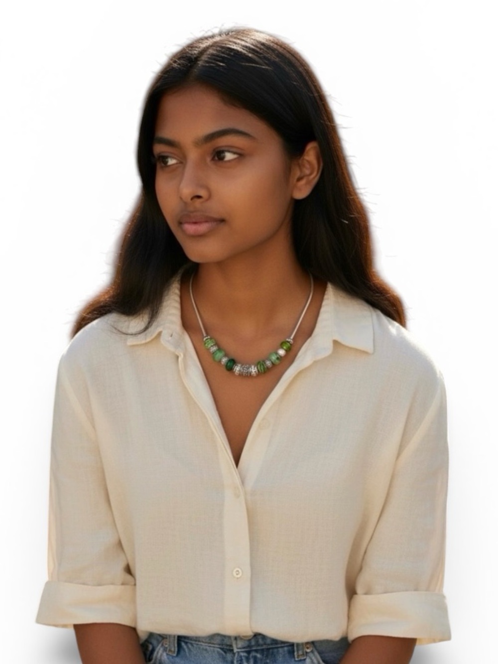 Necklace Woman’s Snake Chain Green Bead with Silver Accents LN